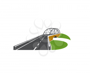 Speedway road with bridge overpass icon. Modern driveway, highway or freeway with level junction and arch bridge vector. Transportation emblem and road touristic trip design element