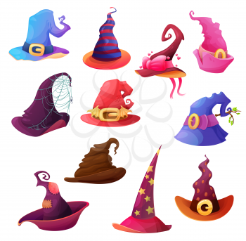 Witch and wizard hat cartoon icons, vector Halloween horror holiday. Magic cone caps with scary spider webs, creepy bat wings and stars, buckles, bows and hearts, trick or treat party decoration