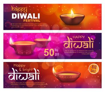 Diwali sale offer vector banners with Indian Deepavali light festival diya lamps. Hindu religion holiday discount price shopping cards and flyers with oil lamps, fire flames and rangoli decorations