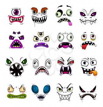 Monster face funny emoticons cartoon vector. Horror emojis of Halloween zombie, demon or ghost, devil, vampire or beast with different emotions, scary avatars with open mouth and evil eyes
