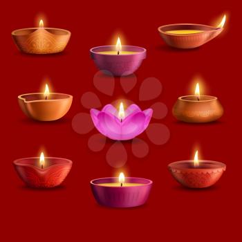 Diwali diya lamps vector set of Deepavali Indian light festival and Hindu religion holiday design. Oil lamps with burning fire flames, clay cups with rangoli pattern of paisley flowers, floral petals