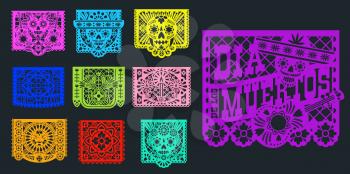 Papel picado, Mexican paper banners and pecked flags, vector. Mexico fiesta decoration papel picado traditional design for day of dead Dia de Muertos, paper cut skull in sombrero and flowers ornament