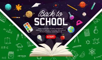 Back to school chalkboard sketch web banner or landing page. School stationery, exercise book and mathematical formulas, science laboratory tools and solar system planets in space cartoon vector
