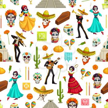 Mexican Day of the Dead seamless pattern. Vector background of Dia de los Muertos sugar skulls, sombreros and guitars, Catrina, marigold flowers and cactuses, candles, bread, churches and pyramids