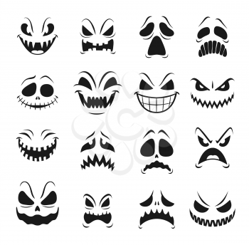 Monster faces vector set of Halloween horror holiday emoticons. Scary emojis of angry zombie, devil and demon, ghost, vampire and alien, spooky creatures with evil eyes, teeth and creepy smiles