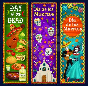 Day of the Dead sugar skulls, skeleton and Catrina vector banners. Mexican Dia de los Muertos sombrero, guitar and marigold flowers, musical festival mariachi and Calavera, church, bread and tequila