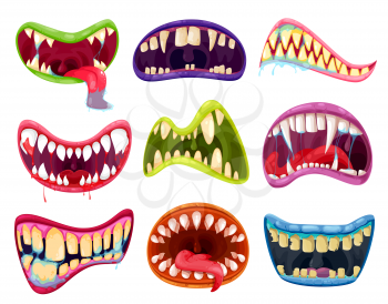 Mouth and teeth of Halloween monsters vector set. Cartoon scary smile expressions with alien animal tongues, vampire, beast, devil or demon creature creepy lips and fangs with blood and saliva