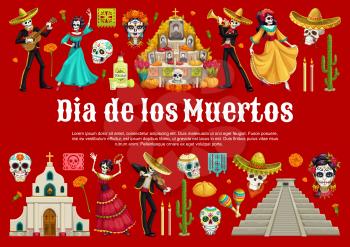 Day of the Dead sugar skulls and Catrina with Mexican Dia de los Muertos altar vector banner. Dancing skeletons with sombreros, guitars and maracas, marigold flowers, tequila, bread and pyramid