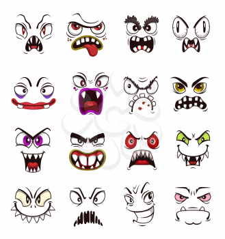 Monster face emoji cartoon vector set with scary emoticons. Halloween holiday horror monsters, spooky devil or demon, evil vampire, ghost and beast with creepy smiles, teeth and angry eyes