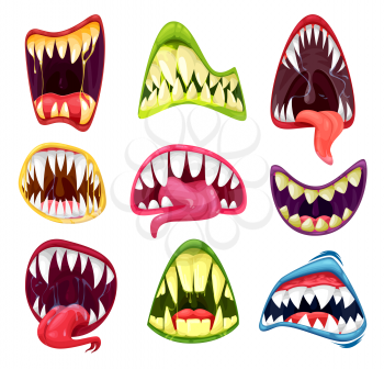 Monster mouths cartoon set of vector Halloween horror holiday. Scary teeth and tongues in mouth of creepy alien beast, devil or zombie, spooky smiles of dracula vampire, werewolf or demon