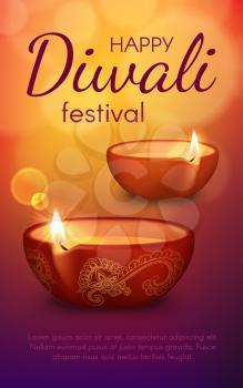 Diya lamps of Diwali or Deepavali light festival vector greeting card. Burning oil lamps of Indian Hindu religion holiday with gold rangoli decoration of paisley flowers and golden bokeh lights