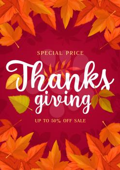 Happy Thanks Giving vector sale poster, special price offer shopping promo with autumn leaves on red background. Store, mall and market promotion with cartoon fallen leaf of maple, rowan and birch