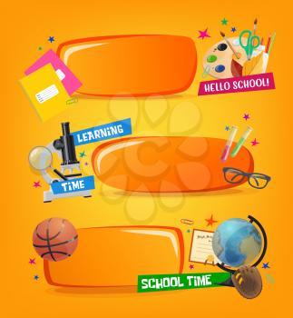 School banners, educational vector frames with cartoon studying equipment and stationery sport ball, glove and diploma. Learning tools microscope, flasks, glasses with notebook, scissors and globe