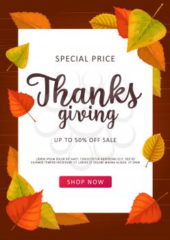 Thanks Giving vector sale poster, special price off shopping offer, promotional ad card with autumn leaves on wooden background. Store, mall and market online promotion with cartoon fallen leaves