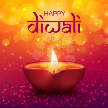Diwali festival Indian holiday and Happy Deepavali, vector candle lantern with golden bokeh sparkles. Happy Diwali greeting card, mandala rangoli ornament and lantern lamp light, glowing background
