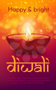 Diwali or Deepavali Indian holiday diya lamp. Vector Hindu religion light festival greeting card with oil lamp or candle lantern with burning fire flame, gold sparkles and bokeh lights