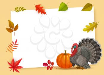 Frame with Thanks Giving day vector symbols turkey, pumpkin and autumn fallen leaves. Happy Thanksgiving day border, postcard, greeting card, poster template. Fall season holiday event cartoon design