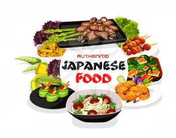 Japanese cuisine meals vector poster. Asian food noodles, veggies and seafood round frame. Japanese restaurant dishes baked fish on skewers, shiitake mushroom noodles, cucumber rolls with caviar