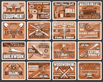 Construction and DIY tools retro vector posters. Hardware, carpentry and brickwork instruments vintage cards. Woodwork tools shop, house remodeling, building and repair equipment