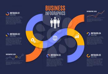 Business infographics with chart and graph vector elements. Information steps visualization diagrams and statistics flowchart information. Business infographics presentation, businessman silhouettes