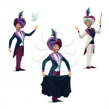 Circus magician performing tricks with cloth, magical wand and dove isolated vector icons. Big top illusionist in turban and tailcoat perform circus magic show, carnival amusement entertainment event