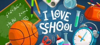 Back to school vector poster with I love school lettering, cartoon stationery and mathematics formulas on green chalkboard. Learning items pen and pencil, ball, alarm clock and glass flask, glue,