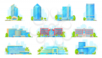 Hotels and business center buildings exterior isolated vector icons. Cartoon commercial and coworking center objects, modern city real estate skyscrapers and residential buildings, resort apart-hotels