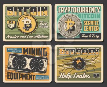 Bitcoin cryptocurrency mining vector posters. Digital trade service center, ctyptocurrency exchange consultation and help. Mining equipment and blockchain technology vintage cards