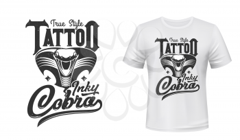 Cobra t-shirt print or tattoo. Vector mascot, apparel mockup with attacking black snake extended hood and open mouth. Sport uniform, t-shirt activewear template, monochrome cobra mascot and lettering