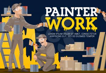 Painters at work vector poster. Painting service and home renovation, remodeling and interior. Painter workers in uniform and protective glasses painting a room walls with brush and paint can