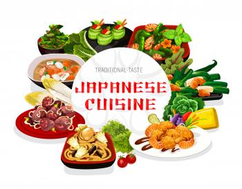 Japanese cuisine vector food meals and dishes. Cucumber rolls with caviar, filipino shellfish and salad, Japanese seafood noodles with shrimps, liver and butaziru pork soup round frame