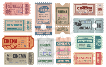 Cinema tickets templates. Vector retro admit coupons for movie theater access with date, time, seat and row number, price and separation line. Vintage cinema performance entertainment entry tickets
