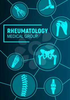 Rheumatology, joints and rheumatic disorder medical health care. Vector human skeleton parts hand, foot and pelvis, spine, knee and shoulder joints mri or computed tomography, medicine