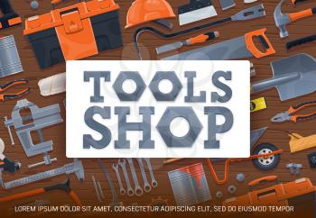 Construction tools and diy toolbox vector poster. Carpentry, house renovation and building equipment store. Painting brush and hammer, wrenches set, hacksaw and pliers, masonry and plastering tools