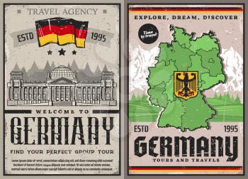 Germany travel retro posters. Berlin city tours and landmark sightseeing, vector vintage card Dutch travel agency, historic culture or traditions. Bundestag architecture, Germany map with coat of arms