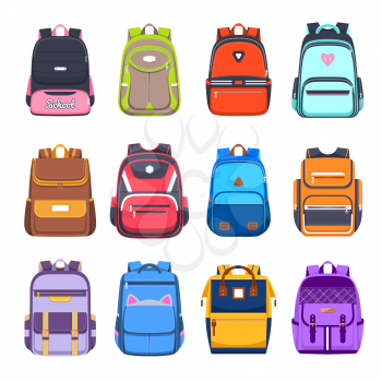 School bags and backpacks, handbags and rucksacks vector flat icons. College and school boy and girl student bags with pockets, zippers and straps, travel luggage and haversacks