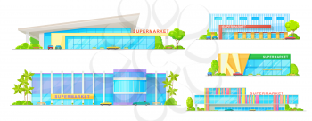 Supermarket and store buildings vector icons. Modern store and mall exterior design, shopping mall front view with blue glass windows. Retail shop buildings with entrance, cars and green trees