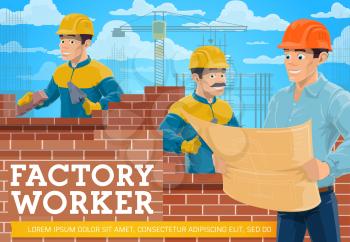 Bricklayer worker and architect at construction site. Building construction industry vector poster. Cartoon builder laying a bricks on cement, architect with construction plan and hardhat, crane winch