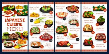 Japanese cuisine menu cover vector template. Restaurant cuisine shrimp salad, chicken meat and baked fish on skewers. Braised cabbage with fried tofu and daikon stew with pork loin asian dishes