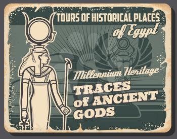Ancient Egypt travel tour retro poster. Cairo famous places vintage vector grunge card. Historical pharaoh pyramids ancient gods traces, Egyptian heritage museum, sacred scarab and Hathor goddess