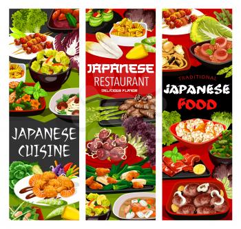 Japanese cuisine menu vector banners. Restaurant meals, seafood and meat dishes. Shiitake mushroom, cucumber rolls and turnip stew, ramen noodles, daikon stew with pork loin, filipino shelfish salad