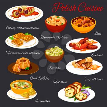 Polish cuisine, vector meals menu template. Poland meals cabbage rolls in tomato sauce, dumplings with potato, bigos dish and sausages. Meat bread, fish, faramushka and hazelnut mazurka with honey