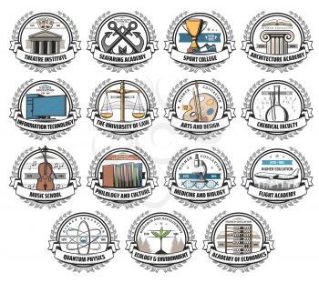 University, college and academy isolated vector icons. College and school education, art and design, aviation academy and music school, information technology and law faculty, medicine and chemistry
