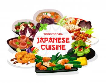 Japanese cuisine meals round vector frame of ood meals and dishes. Cucumber rolls with caviar, filipino shellfish salad, Japanese mushroom noodles and butaziru pork soup, baked fish on skewers