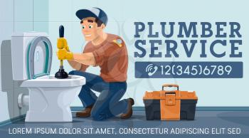 Blockages unclog toilet, plumber service. Plumber worker in restroom with plunger and toolbox cleaning a bowl sewage pipe. Sewerage maintenance, elimination and bathroom leak fix