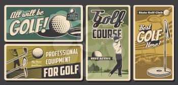 Golf sport club, professional golfer equipment store vintage vector cards. State golf club championship, tournament. Sportsman with stick in swing shot and golf cart. Course rent retro posters
