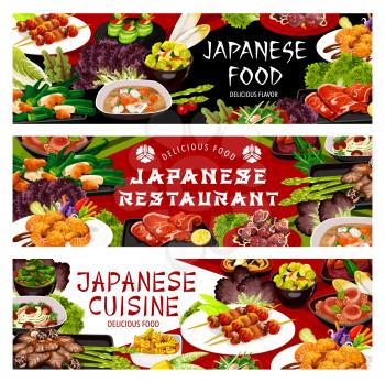 Japanese cuisine dishes vector banners. Asian restaurant roasted bamboo meal, hokusai salad and baked fish on skewers meal. Butaziru pork soup and Japanese noodles with shiitake mushrooms