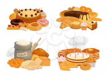 Desserts, baking bread and pastry vector icons of patisserie food. Bakery shop chocolate croissant and flour, wheat and rye bake production, pie with candles, pudding and dough, baker toque and donut