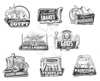 Ancient Egypt isolated vector icons set. Pharaoh pyramids, temples, Egyptian gods and sacred animals snakes scorpio, monuments and Cairo treasures exhibition, paintings museum monochrome travel signs