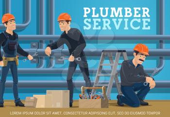 Heating pipes repair, plumbing service vector poster. Plumber workers with spanner and tools repairing leakage and installing a pipeline tubes. Engineer controlling a work